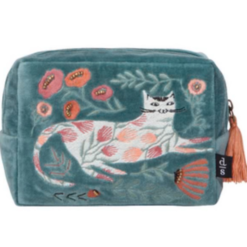 ♥️… Anthropologie Spellbound Danica Studio Velvet Embroidered Pouch Kitten Cat
